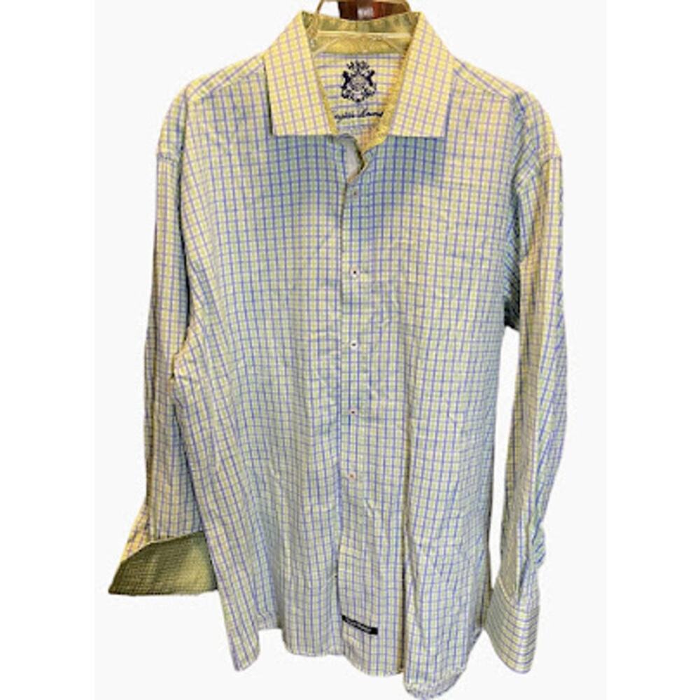 English Laundry Blue‎ and Green Flip Cuff Dress Shirt Size 17 Sleeve 34/35